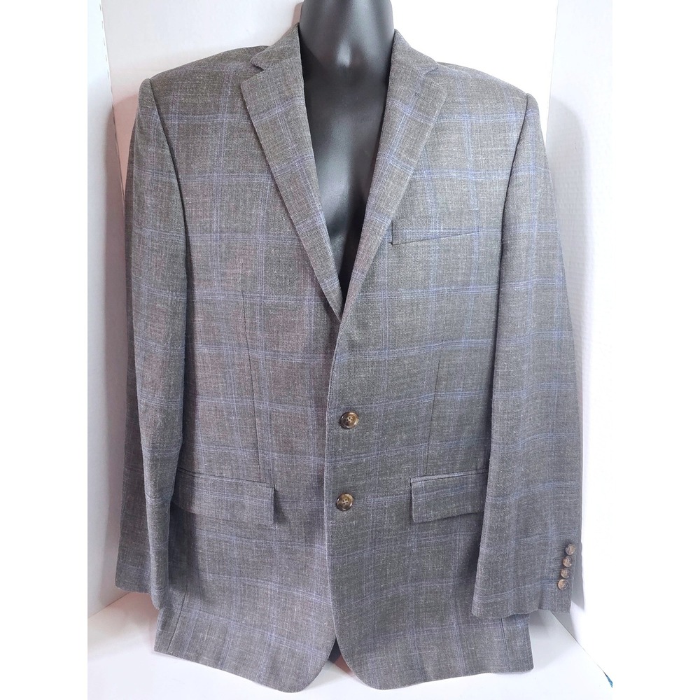 Ralph Lauren Blazer Grey Blue Windowpane Wool Silk Linen Sport Coat 40L